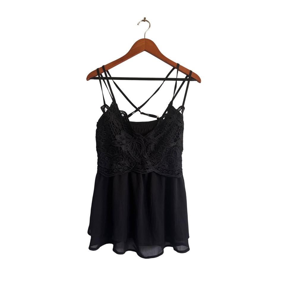 Feager Women Black Crochet Lace Strappy Back Flowy Chiffon Camisole Top Size L